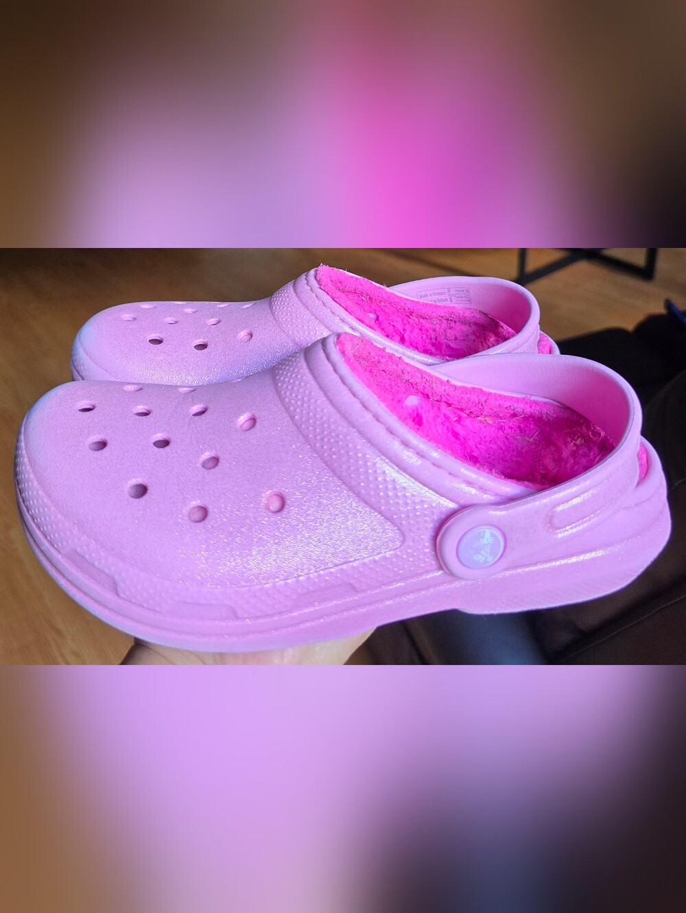Sz 3 Little Girl's CROCS CLASSIC LINED Pink Glitter Comfort Clogs